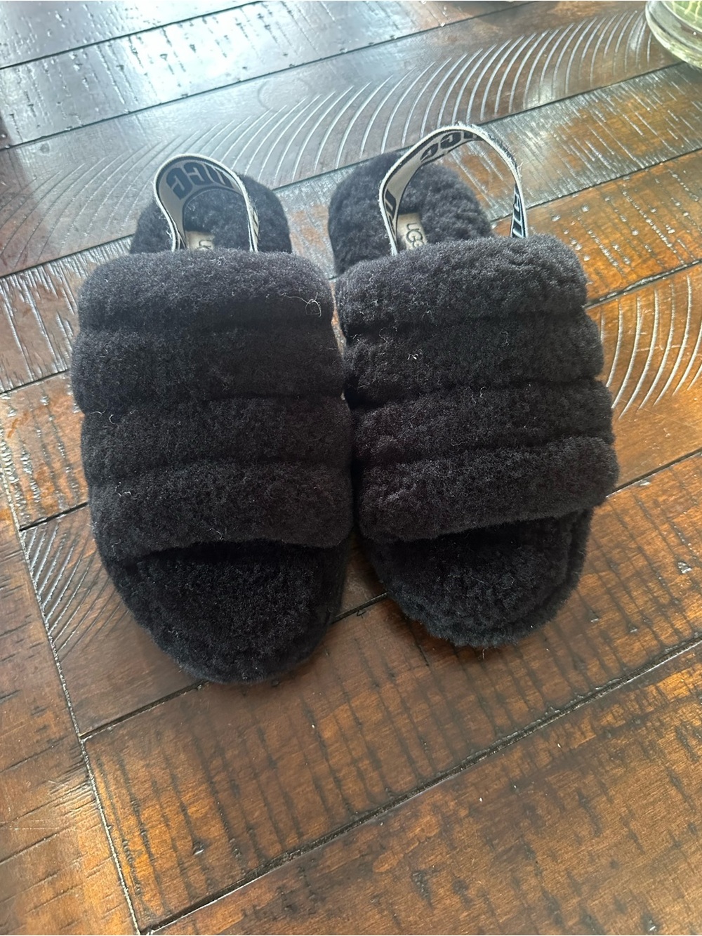 UGG Black Fuzzy Slide Sandals with Logo Sling